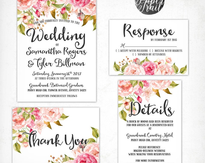 Wedding Invitation Kit Pink Floral Watercolor Set/Suite Invitation, RSVP, Thank You Card, Details, Printable digital files