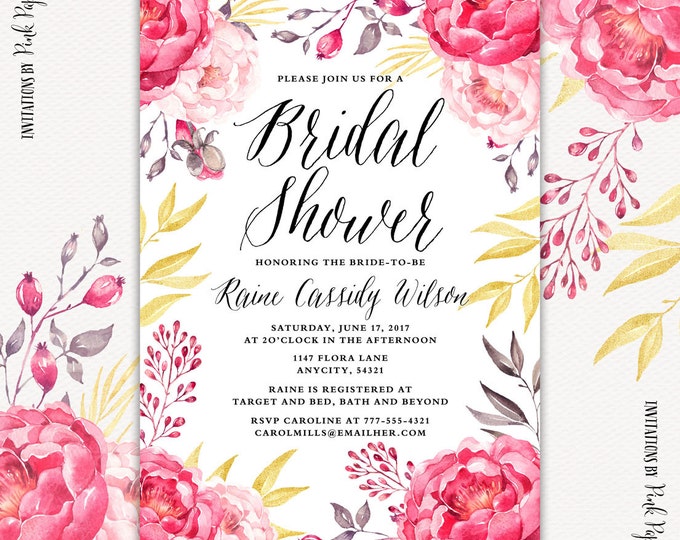 Pink and Gold Floral Bridal Shower Invitation, Brunch and Bubbly Invitation, Pink Flowers and Gold, Tea Party, Printable Invitation