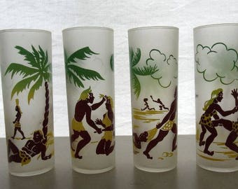 8 Vintage Federal Glass Comedy Frosted Tumbler Glasses Bar Barware Tiki Iced Tea