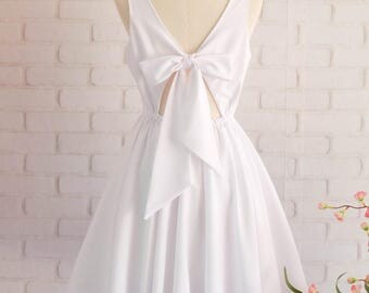 Pure white dress backless dress white party dress white prom dress white cocktail dress bow back dress white bridesmaid dresses