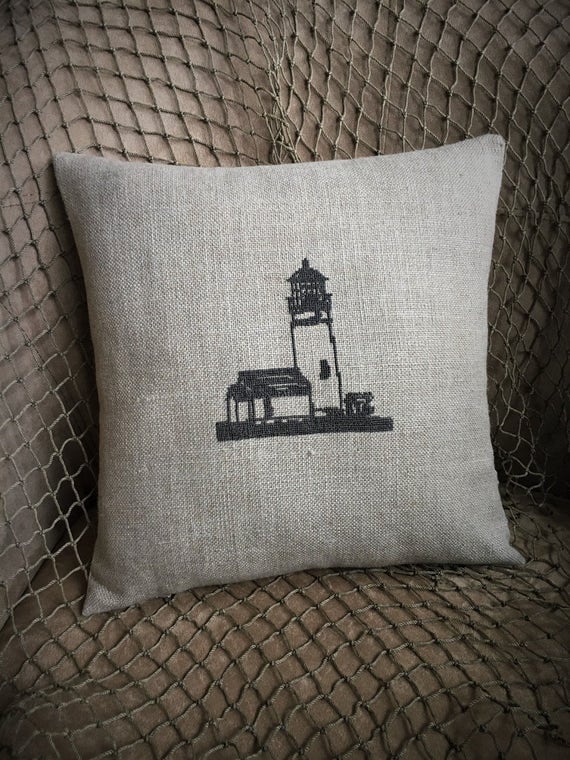 Nautical Pillow Lighthouse Pillow Hand Stitched Linen Pillow