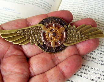 Steampunk Aviator Pin (P505-3), Aviation Medal, Brass Wings and Clockface, Posable Propeller and Gear, Pin with Bail Loop Backing