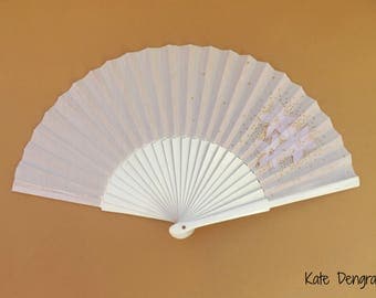 White Pale Lilac and Gold Floral Hand Fan SIZE OPTIONS Folding Wooden Flamenco Handheld Spanish from Spain Hand Painted by Kate Dengra