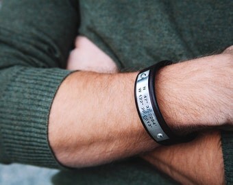 Mens Personalized Leather Bracelet - Custom Coordinates or Any Text 40 Char! 3rd Anniversary, Boyfriend Gift, Fiance Gift, Mens Anniversary