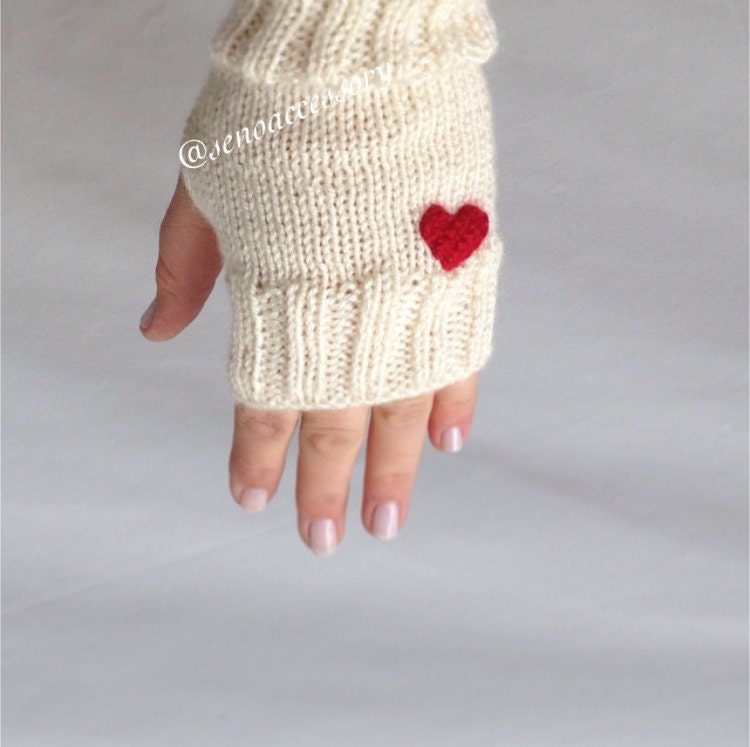 Knit Gloves Fingerless Gloves Heart Gloves Arm Warmers