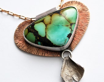 Turquoise, Bronze and Sterling Silver Ginko Statement Necklace