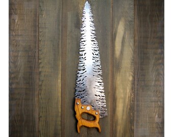 Metal wall art. Classic antique wood handled tree saw, plasma cut metal wall art, gifts for dad, man cave decor, rustic cottage