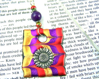 Marbled Bookmark / Gold Purple & Orange Red Marbleized Pattern with Beads, Flower Pewter Charm Friendly Plastic Modeling Polymer on Hook