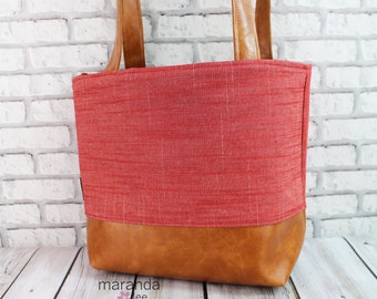 Lulu Medium Tote Bag - Red Denim and PU Leather - READY to SHIP Purse Shoulder Straps 3 pockets Handbag Washable