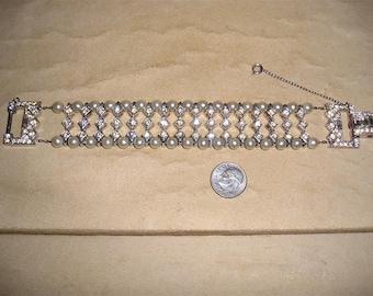 Vintage Clear Rhinestones And Faux Pearls Baguette Bracelet 1940's Jewelry 3005