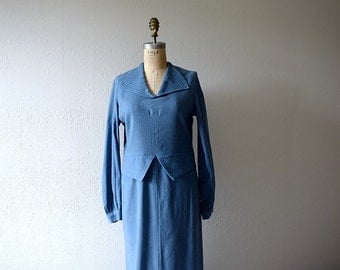 1930s wool dress . vintage blue 30s dress