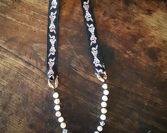 Black and pink vintage french bow ribbon and pearl necklace