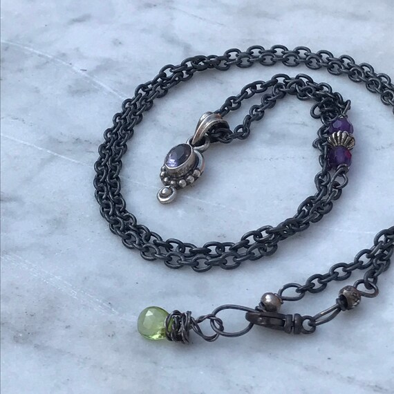 Oxidized Sterling Silver Amethyst Necklace - Peridot Gemstone - Rustic Boho Sundance Style Artisan Jewelry