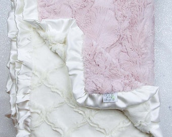 Minky blanket, faux fur throw, Rosewater hide, baby girl blanket, vintage pink, elegant plush blanket Ruffle, ideas for sick, pink and cream