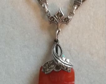 Vintage Art Deco Sterling Silver & Marcasite Carnelian Necklace