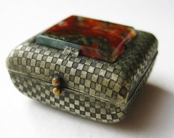Antique Scottish Silver Plate Moss Agate Pill Trinket Box Scotland