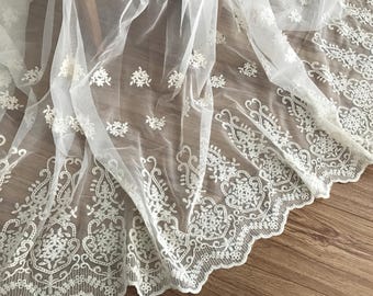 Vinatge style beige tulle lace fabric in beige with cotton thread flroal embroidery , home decor curtain fabric lace, wedding gown lace