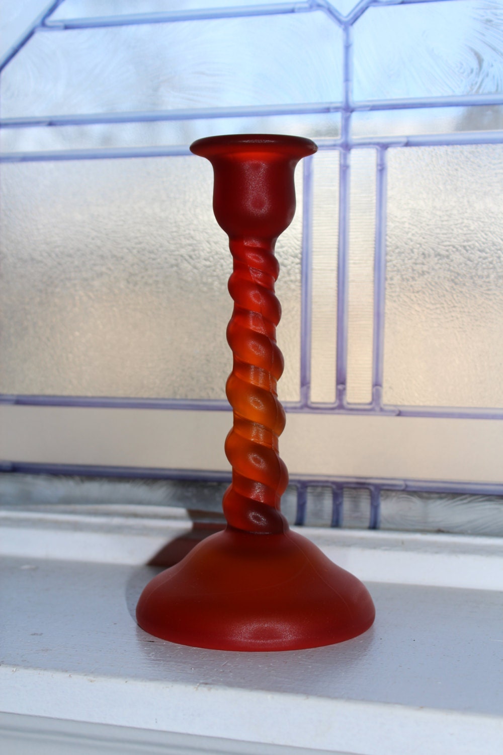 Tiffin Orange Satin Glass Spiral Candlestick Holder Vintage 1920s