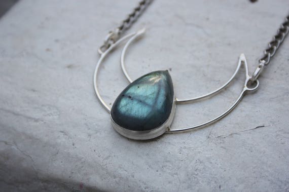 LABRADORITE MOON NECKLACE - Sterling Silver Necklace -Bespoke Necklace- Labradorite Crystal- Crescent Moon- Chakra Jewellery- Moon Jewellery