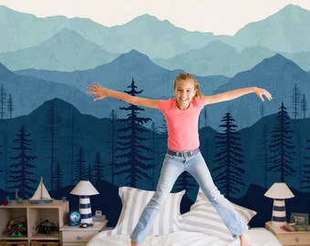 Blue Ombré Mountain Wallpaper | Forest Tree and Mountain Wallpaper | Repositionable and Removable Wallpaper W1080
