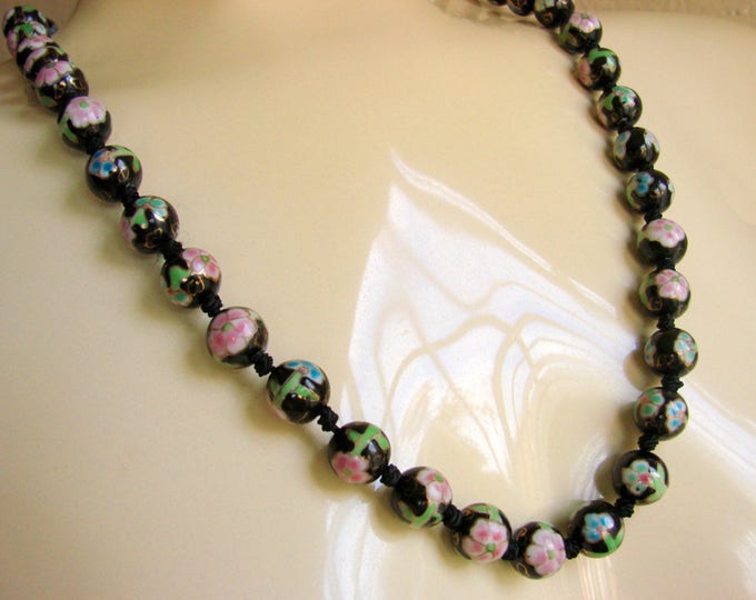 Mid Century Cloisonne Chinese Export Black Floral Bead Necklace Hand Knotted Filigree Clasp Vintage Jewelry Jewellery