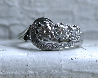 Swirly Vintage 14K White Gold Diamond Engagement Ring - 0.98ct.