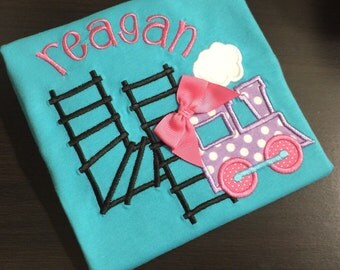 Train themed birthday shirt - Choo Choo, Thomas is Two! Embroidered First 1st 2nd 3rd 4th b-day Applique with train, number made from tracks