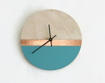 Wall Clock, Aqua & Copper Birch Wood Clock, Housewares, Home and Living, Unique Wall Clock