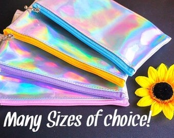 Holographic zipper bag, change purse , small zipper bag, silver holographic , handmade change purse, medium size makeup bag, holographic bag