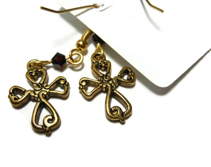 FREE SHIPPING Small cross earrings, gold tone ornate crosses, gold plated french wires, root beer brown Swarovski crystals, dangle earrings