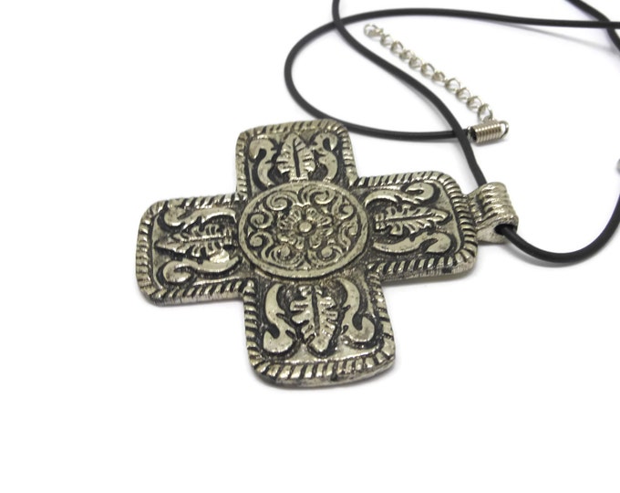 FREE SHIPPING Large unisex cross pendant, antiqued silver Swiss cross, ornate men or woman's cross, on black cord with extender chain