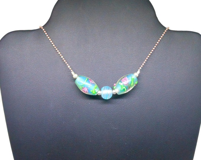 Lampwork necklace, rose gold plated over sterling silver, two tone sterling & rose gold plate chain, blue green lampwork beads, floral beads