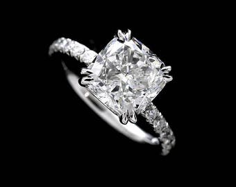 Cushion Diamond Engagement Ring Setting, French Cut Down Micro Pave Diamond Ring, Classic Half Way Diamond 14k White Gold Proposal Ring