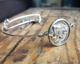 Vintage Religious Medal Expandable Steel Bangle Bracelet Catholic Christian St Gerard Majella Virgin Mary Miraculous Medal St John Neumann
