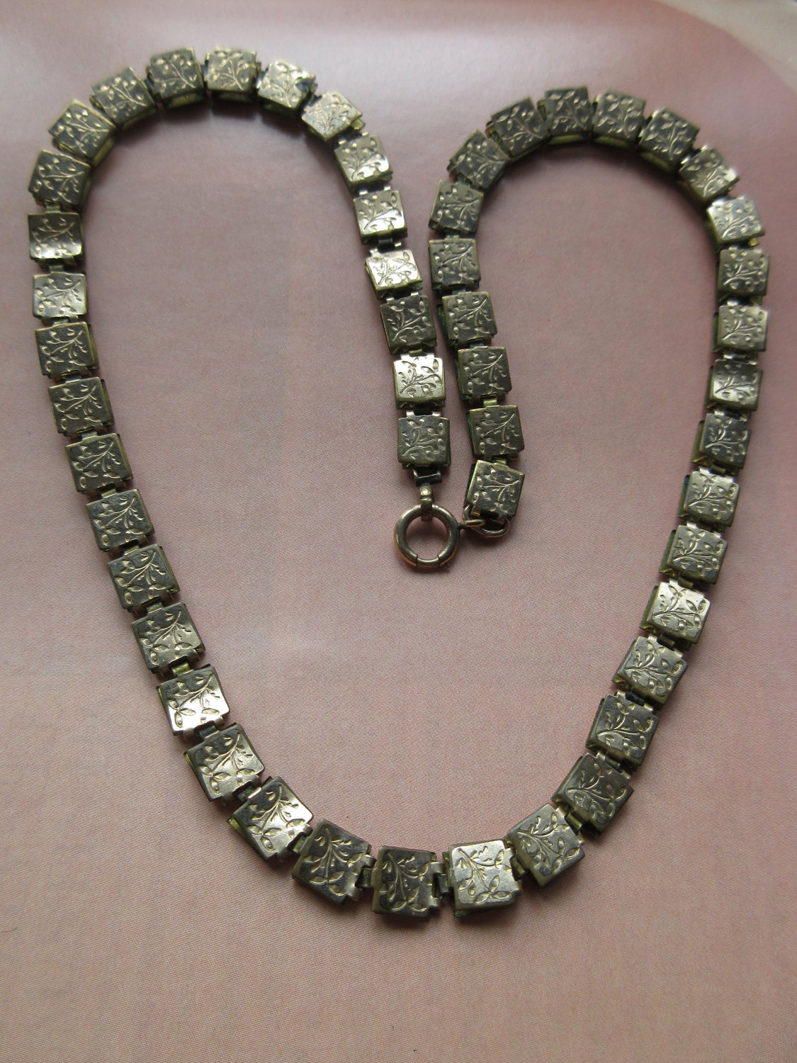 Antique Victorian Book Chain Necklace Floral Chased Links