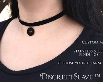 BDSM Collar day collar discreet slave submissive velvet choker choose your charm custom size stainless steel findings hypoallergenic
