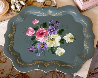 VINTAGE Green TOLE TRAY - Toleware Tray - Pink Roses Tray - Metal Floral Hand Painted Cottage Chic