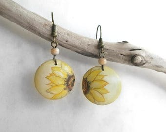 Half of Sunflower Earrings, Lightweight Dangle Wooden Earrings, Artistic Hand Painted Jewelry, Handcrafted Wood Art Jewelry