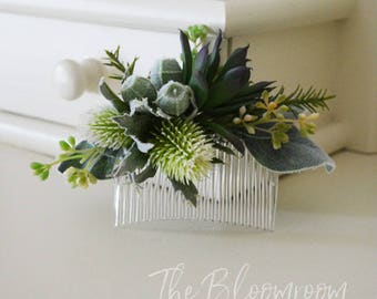 Woodland hair comb / Succulent hair comb / Thistle hair comb / Green / Sage green / Woodland wedding / Gift for daughter / Wedding comb