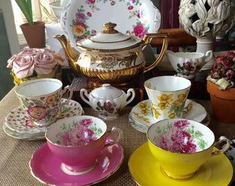Stunning English Tea Set, Mismatched, Alice in Wonderland, Instant Tea Party, Complete Tea Set, brightly colored English tea set