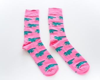 Dinosaur Socks. T-Rex Dress Socks made in the UK. Green Running Dino Pair of Socks. Stocking Stuffer. Gift for Him. Gift for her under 10