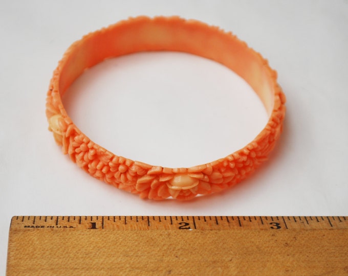 Orange Celluloid Bangle - vintage plastic - Flower Bracelet 1930s