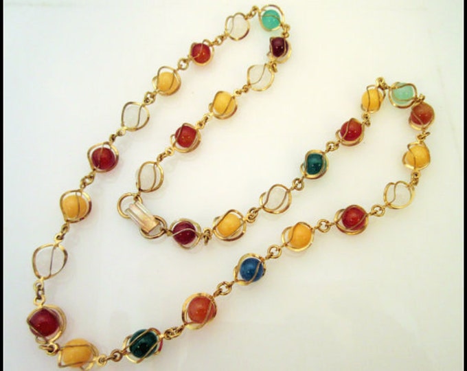 Gemstone Bead Necklace - Caged gold tone metal - polished quartz jasper carnelian and Agate beads