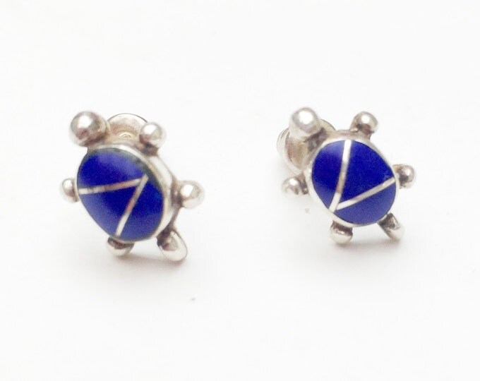 Lapis Inlay Turtle Earrings - Blue gemstone - Signed Sterling Silver - Stud earring