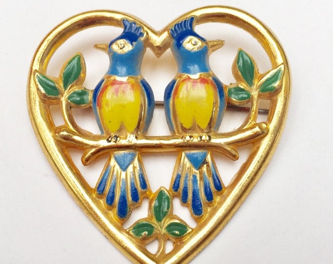 Bird Heart Brooch - Enamel gold - Love Birds - doves - fiqurine pin