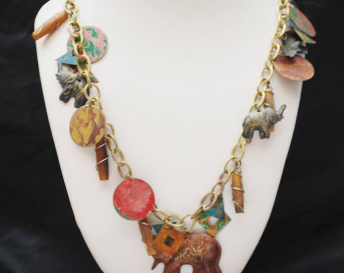 Brass Metal Elephant Necklace - Dangle Boho painted metal - India