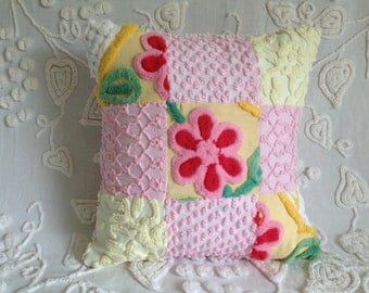 Pillow Cover Vintage Chenille Pink and Yellow Patchwork..16 x 16"