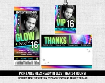 Glow Party Invitations Ticket Style Neon Birthday + Thank You Card and VIP Pass - (print your own) Printable Files - Glow in the Dark Dance