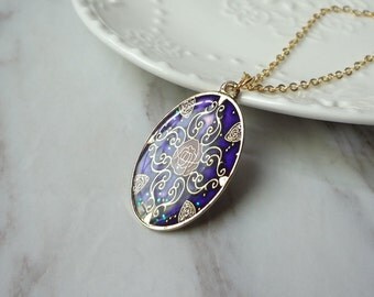 Gold Plated Cloisonne Enamel Purple Oval Pendant Necklace 0257