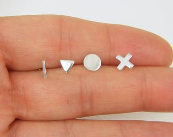 Geometric Silver Stud Earrings, Tiny Stud Earrings, Bar Stud Earring Circle Stud Earring Triangle Stud Earring Cross X Plus Sign Earrings